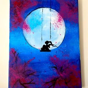Hand painted art  fairy sitting under the moon